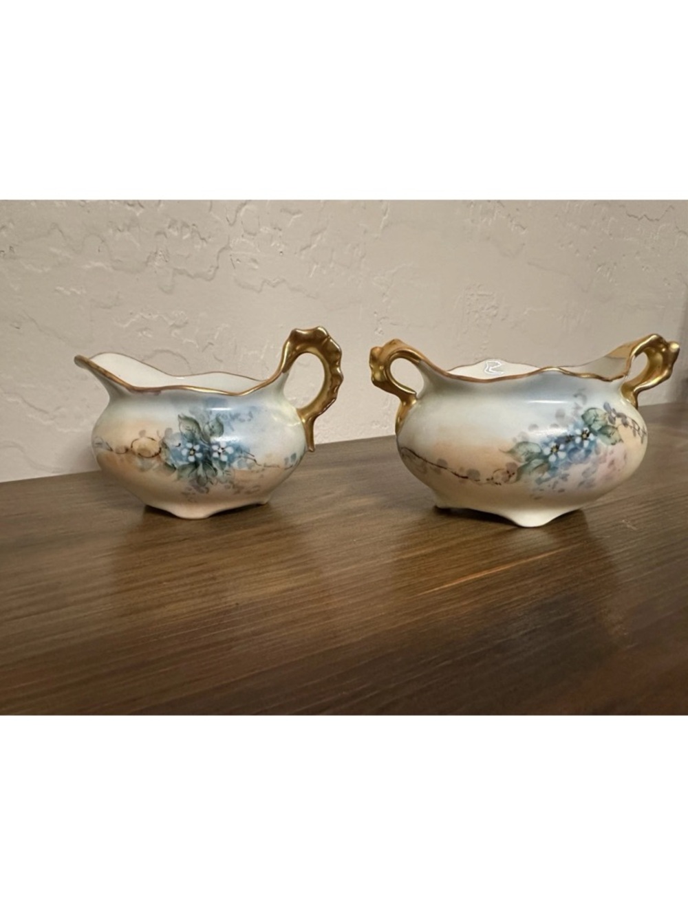 Vintage Floral Porcelain Creamer and Sugar Bowl Set - Blue & Gold Accents